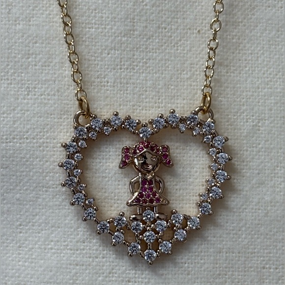 Jewelry - NEW Pink and Clear AAA CZ Girl Pendant & Necklace 18k Gold Filled